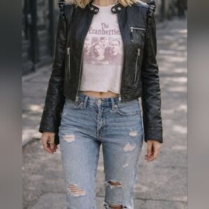 Black Leather Moto Jacket 100% Soft Leather Vintage Y2K Medium